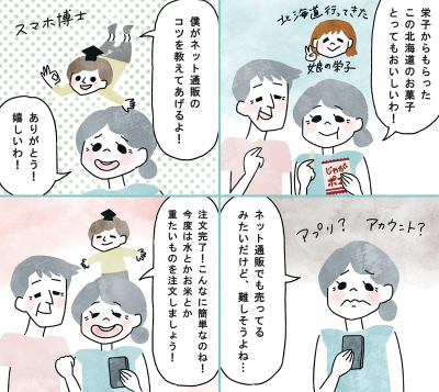 日本薬師堂会報誌「元気のわ」盛夏号掲載4コマ漫画「快適インターネット生活」第4弾[画像1]