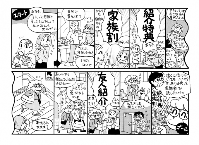 日本薬師堂様「ご家族・ご友人紹介キャンペーン告知」チラシ掲載漫画の画像1枚目